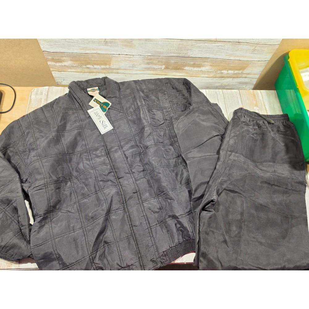 Out Brook Womens Black 100% Silk Quilted Tracksuit Set Jacket Pants Large